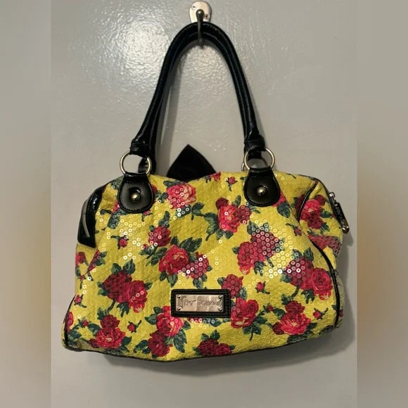 Vintage Betsey Johnson Y2K Yellow Pink Rose Garden Sequin Satchel Handbag - Picture 3 of 8
